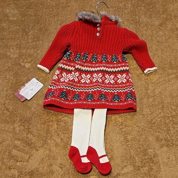 New Tommy Bahama Festive Red Knit Dress with Faux Fur Trim & Hat Size 0-3 Months - Picture 3 of 5